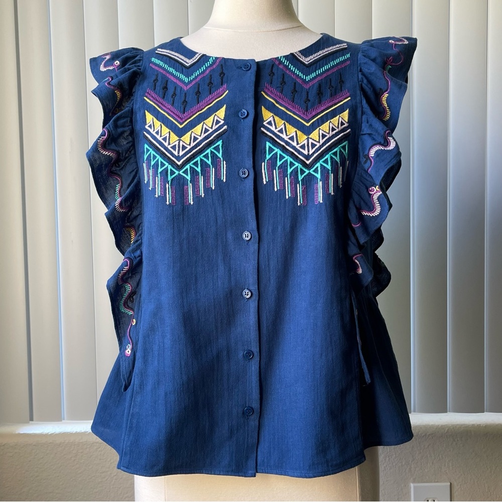 & Other Stories Paris Atelier Embroidered Cotton Button Down Blue Blouse SIZE: 6